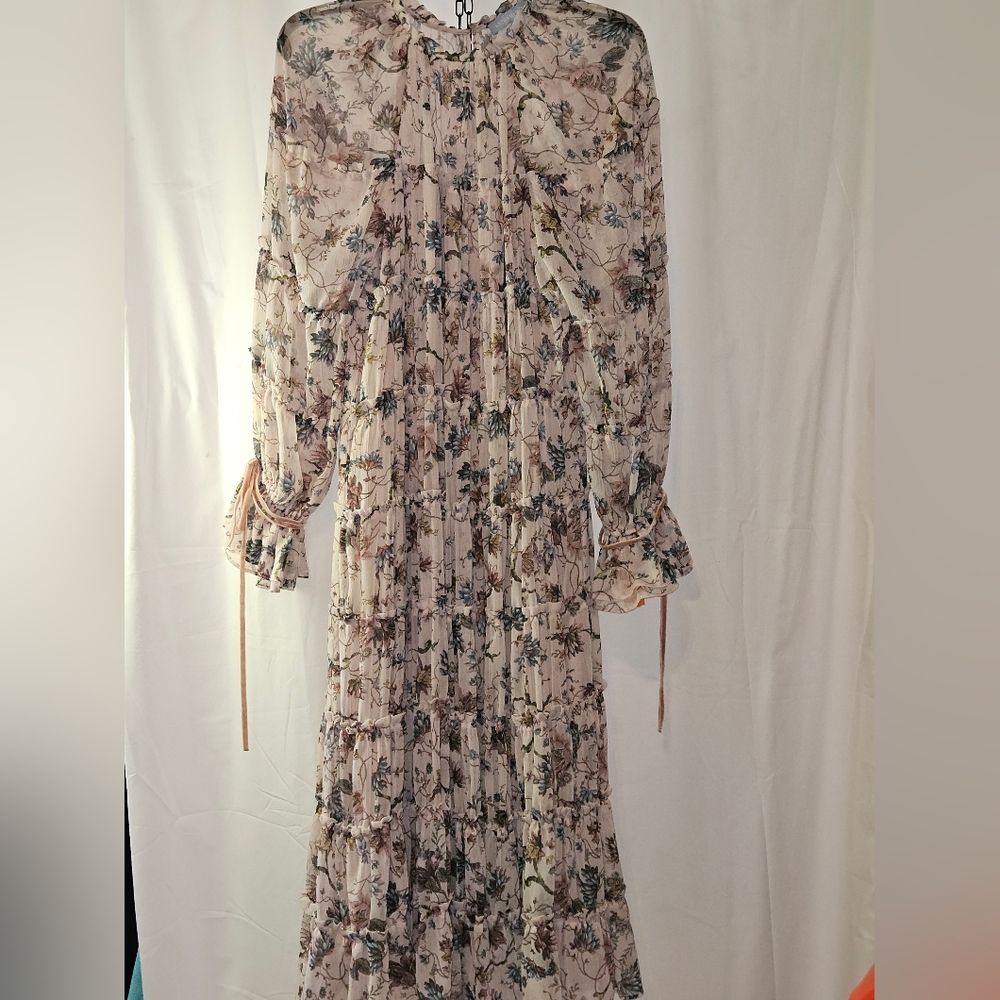 x Nicola Bathie Claire Floral Chiffon Crew Neck Long Sleeve Belted Dress Size 6 - Picture 3 of 8